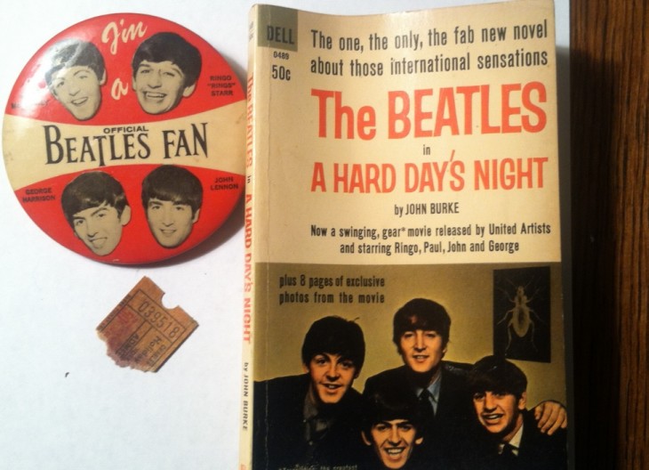 My large fan club pin, $0.50 ticket stub from the Holiday Theater (1965 showing of "A Hard Day’s Night" & "Help!"), and paperback novelization